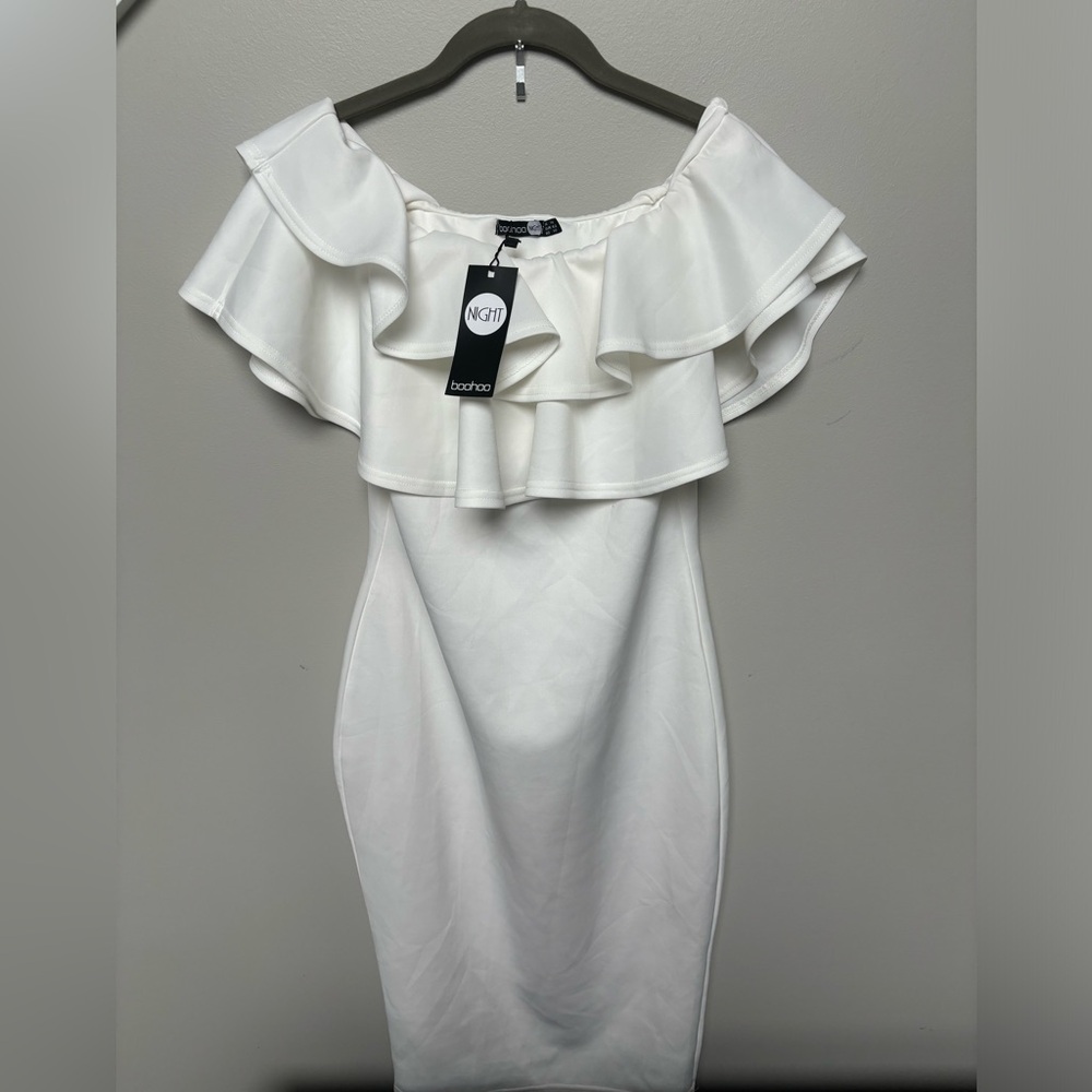 NWT- White all occasion dress w/ neck ruffles off the shoulder summer bride